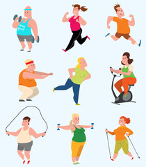 Fototapeta na wymiar Vector sport fatty people fitness gym color flat icon workout set. Fat people fitness gym fat exercise health workout. Healthy young male and female fit obese lifestyle fat people fitness gym