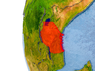 Map of Tanzania on model of globe