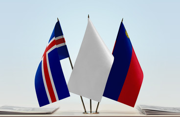 Flags of Iceland and Liechtenstein with a white flag in the middle
