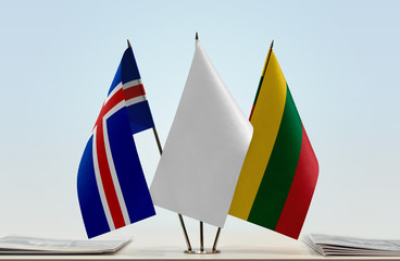 Flags of Iceland and Lithuania with a white flag in the middle