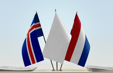 Flags of Iceland and Netherlands with a white flag in the middle