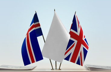 Fototapeta na wymiar Flags of Iceland and Great Britain with a white flag in the middle