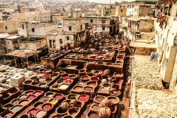 Tanneries of Fes, Morocco, Africa Old tanks of the Fez's tanneries with color paint for leather,...