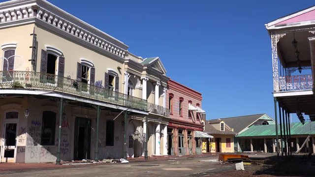 An abandoned main street attraction at amusement park presents a spooky and haunted image.