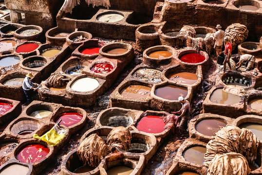 Tanneries of Fes, Morocco, Africa Old tanks of the Fez's tanneries with color paint for leather, Morocco, Africa