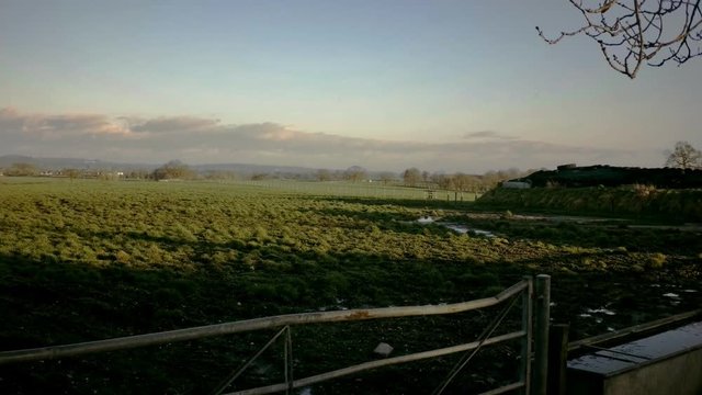 landscape view of metal cow gate, grass, field and trees with rainbow like sky on horizon. Camera static