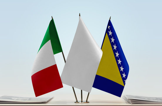 Flags of Italy and Bosnia and Herzegovina with a white flag in the middle