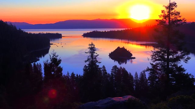 A beautiful sunrise establishing shot of Emerald Bay at Lake Tahoe.