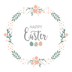 Flower wreath greeting card design. Happy Easter text in round frame of florals & blossoms. Springtime celebration vector illustration with pretty pastel graphics.