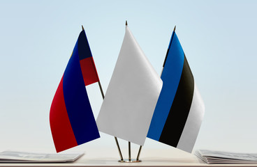 Flags of Liechtenstein and Estonia with a white flag in the middle