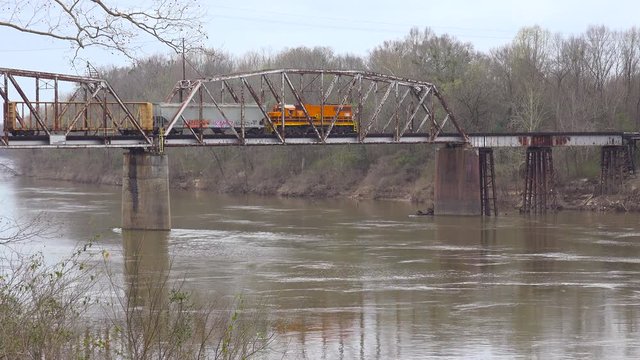 A freight train travels over a trestle over a river in the deep south.
