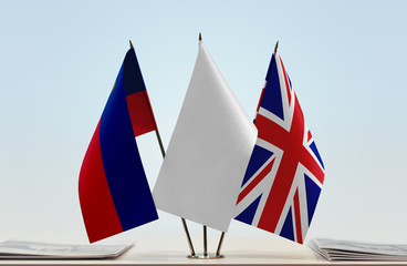 Fototapeta na wymiar Flags of Liechtenstein and Great Britain with a white flag in the middle
