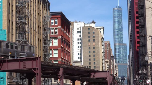 An El train passes through downtown Chicago, Illinois.