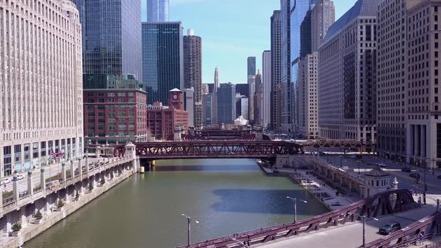 An aerial over the Chicago River in downtown Chicago.
