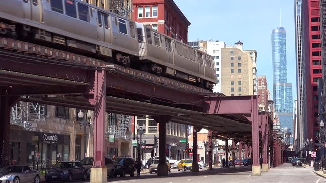 An El train passes through downtown Chicago, Illinois.