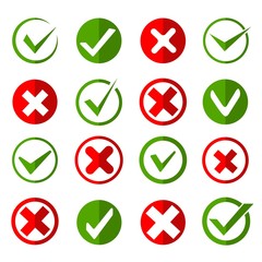 Crosses and ticks signs. Green tick and red cross, ok and crossing checkmark vector icons in flat style