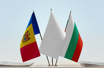 Flags of Moldova and Bulgaria with a white flag in the middle