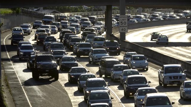Morning westbound traffic congestion on the H-1 Freeway in Honolulu, Hawaii