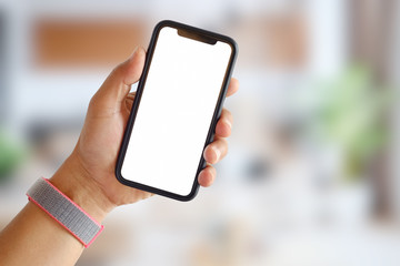 man hand with white screen smartphone