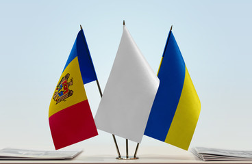Flags of Moldova and Ukraine with a white flag in the middle