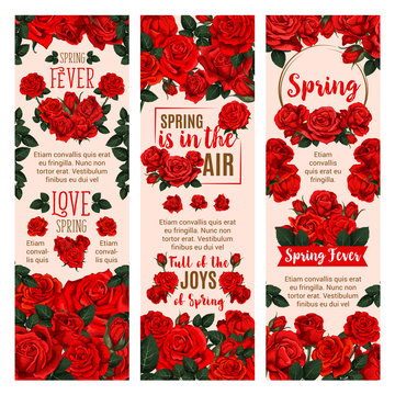 Spring flower banner with red rose floral wreath