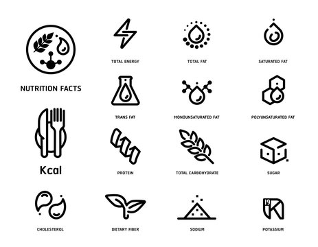 Nutrition facts icon concept clean minimal style set version 2. Flat line symbols of nutrients are common in food products collection.