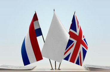 Flags of Netherlands and Great Britain with a white flag in the middle