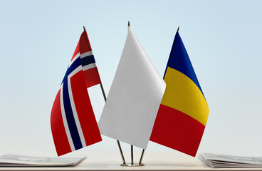 Flags of Norway and Romania. with a white flag in the middle