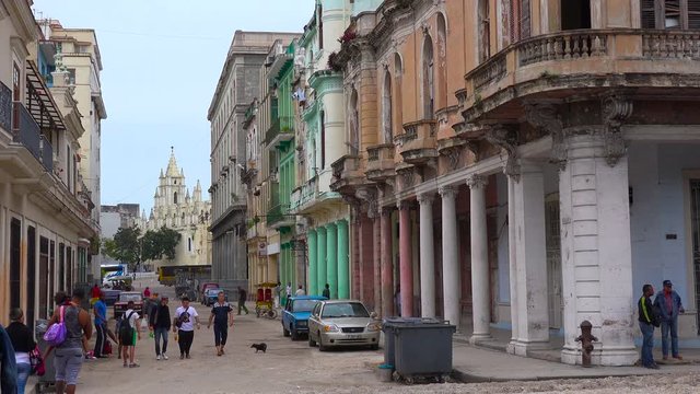 Establishing shot of the colorful streets of Old Havana, Cuba.