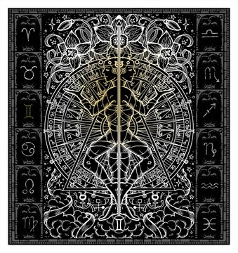 White silhouette of fantasy Zodiac sign Gemini in gothic frame on black. Hand drawn engraved illustration