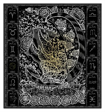 White silhouette of fantasy Zodiac sign Cancer in gothic frame on black. Hand drawn engraved illustration