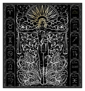 White silhouette of fantasy Zodiac sign Libra in gothic frame on black. Hand drawn engraved illustration