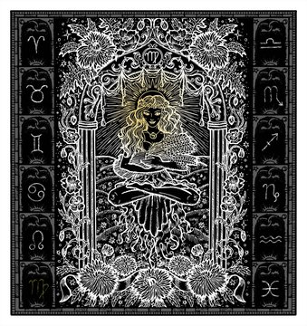 White silhouette of fantasy Zodiac sign Virgo in gothic frame on black. Hand drawn engraved illustration