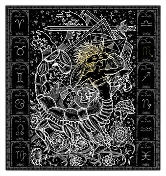 White silhouette of fantasy Zodiac sign Scorpio in gothic frame on black. Hand drawn engraved illustration