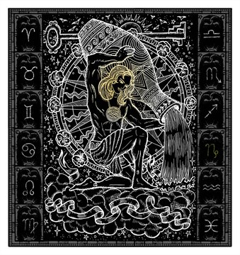 White silhouette of fantasy Zodiac sign Aquarius in gothic frame on black. Hand drawn engraved illustration