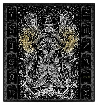 White silhouette of fantasy Zodiac sign Pisces in gothic frame on black. Hand drawn engraved illustration