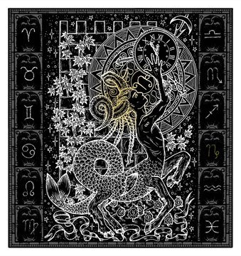 White silhouette of fantasy Zodiac sign Capricorn in gothic frame on black. Hand drawn engraved illustration