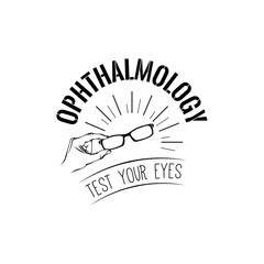 Eyeglasses in hands. Ophthalmology logo label emblem. Check your eyes text. Vector.
