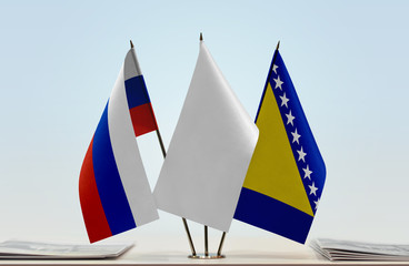 Flags of Russia and Bosnia and Herzegovina with a white flag in the middle
