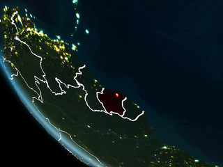 Satellite view of Suriname at night