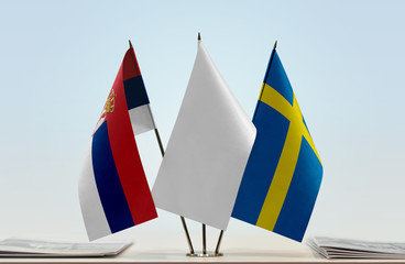 Flags of Serbia and Sweden with a white flag in the middle