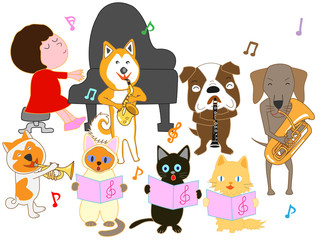 Obraz na płótnie Canvas 猫と犬のコンサート。子供とペットが歌ったり、楽器を演奏したりしている。