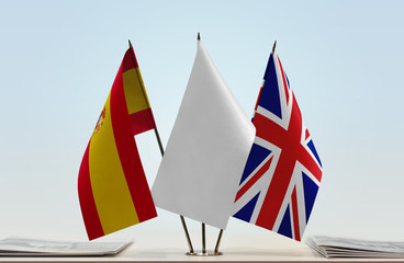 Flags of Spain and Great Britain with a white flag in the middle