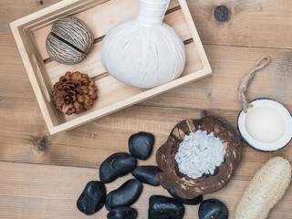 Aromatherapy  product  Spa set massage with white  wood background. top view,flat lay composition.