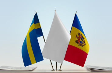 Flags of Sweden and Moldova with a white flag in the middle