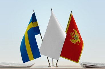 Flags of Sweden and Montenegro with a white flag in the middle