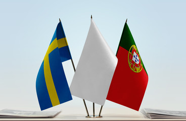Flags of Sweden and Portugal with a white flag in the middle