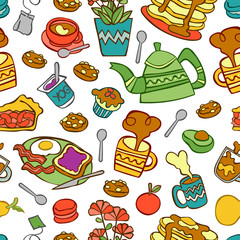 Food, tea and coffee. Bakery products. Fruit. Seamless vector pattern (background).