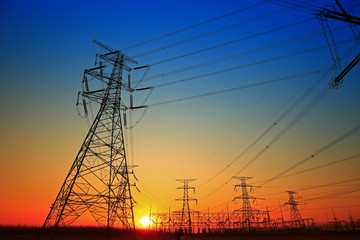 Pylon, high-voltage tower sky background.