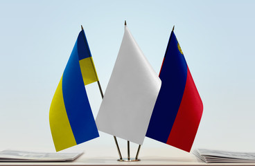 Flags of Ukraine and Liechtenstein with a white flag in the middle